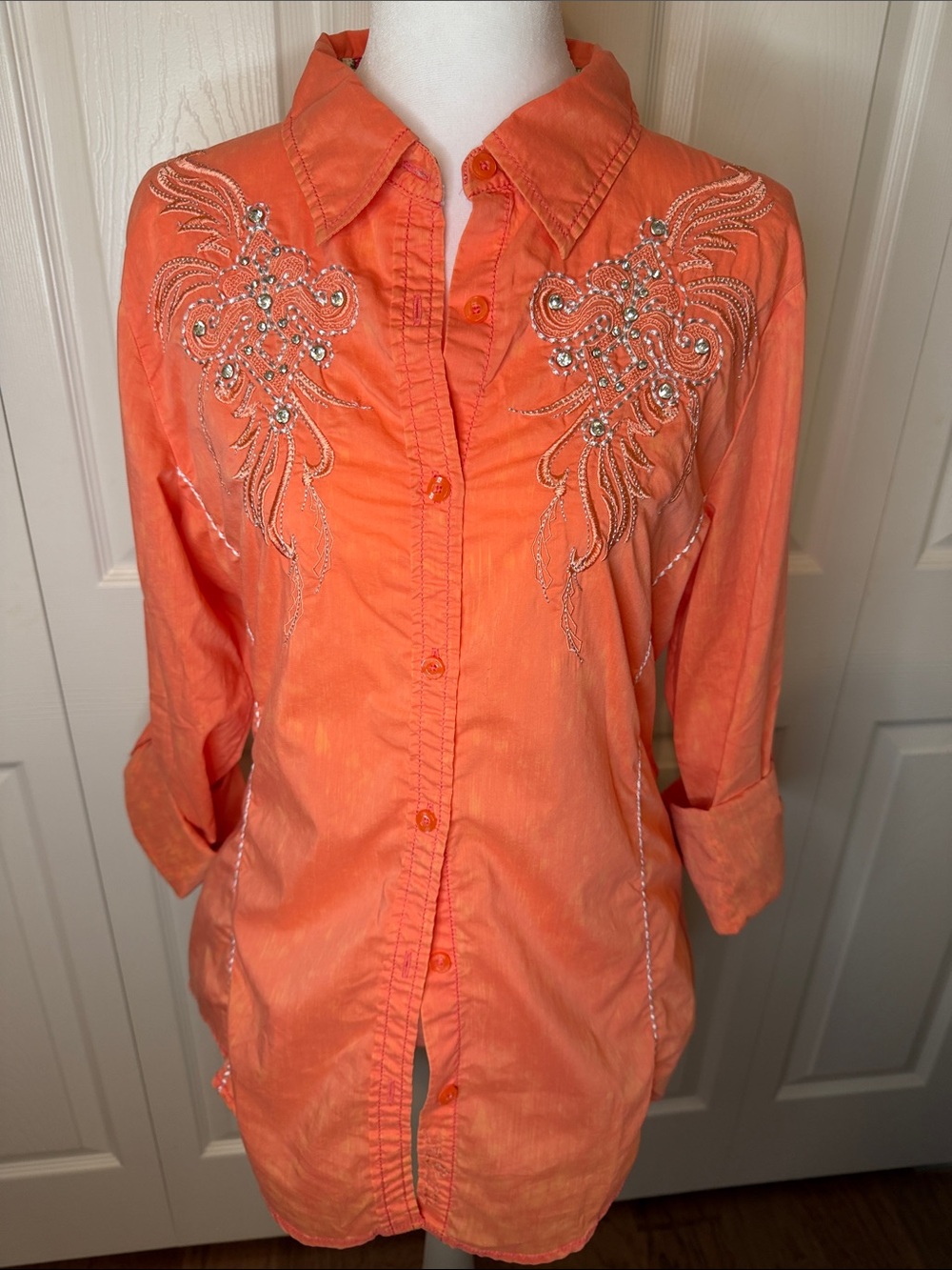 Roar Orange Embellished Button-Down Shirt